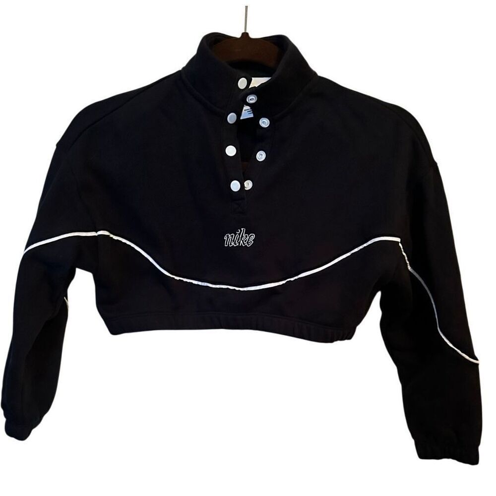 NIKE Girls Black Cropped Snap-Front Sportswear Pullover Sweatshirt - Small